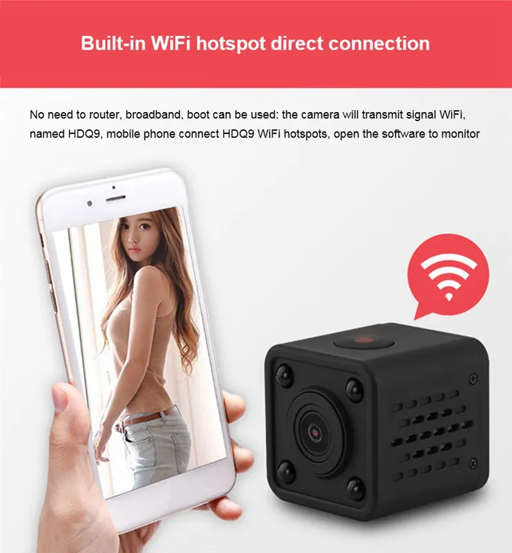 Trådlös WiFi Mini-videokamera Mini Pocket Camera HD 1080p Handhold Digitalkameror Bärbar DV-inspelare 120 graders vinkel Visa kamera HDQ9