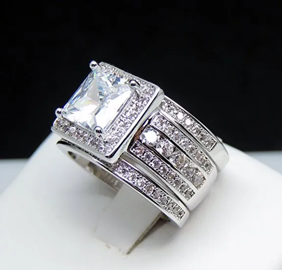 Rozmiar 5-10 Choucong oszałamiający błyszcząca biżuteria 10kt biały złoty wypełniony 8mm księżniczka Cut Topaz CZ Diament Diamond Wedding 3 w 1 Ring