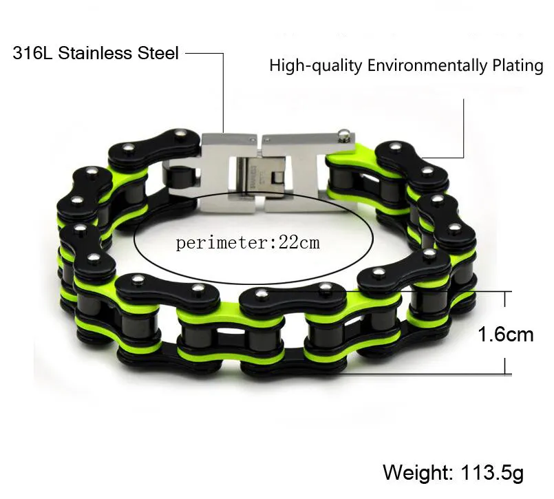 Nero Verde Arancione Argento Blu Uomo Donna Bracciale a catena da bici Acciaio inossidabile Biker Bicicletta Catena a maglie moto Punk Pesante Jewelr276M