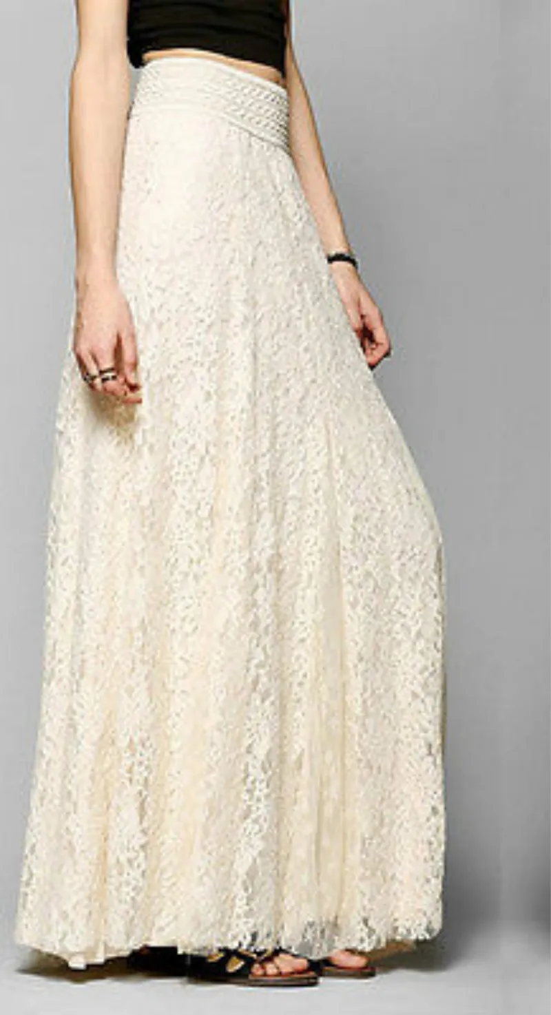 Partihandel-Womens Lace Layered Hitched Maxi Skirt En linje Boho lång asymmetrisk sommar