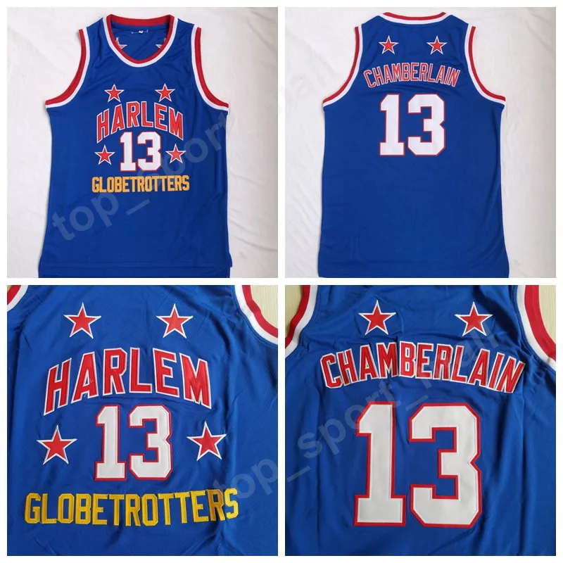 Harlem Globetrotters 13 Wilt Chamberlain 영화 농구 유니폼 저렴한 판매 팀 색상 파란색 모든 스티치 Chamberlain 유니폼 고품질