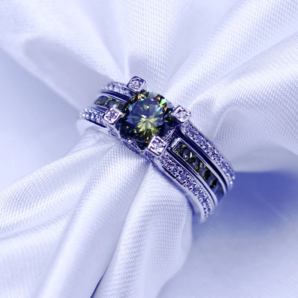 Vintage Smycken Bröllopsband Ringar för Kvinnor Män 3ct Olive 5A Zircon CZ 925 Sterling Silver Birthstone Kvinna Ring Bridal Set