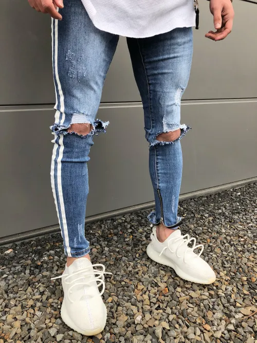 Jean crayon Slim à rayures blanches pour hommes, pantalon en Denim déchiré avec poches, Style de rue délavé, à la mode, 238u