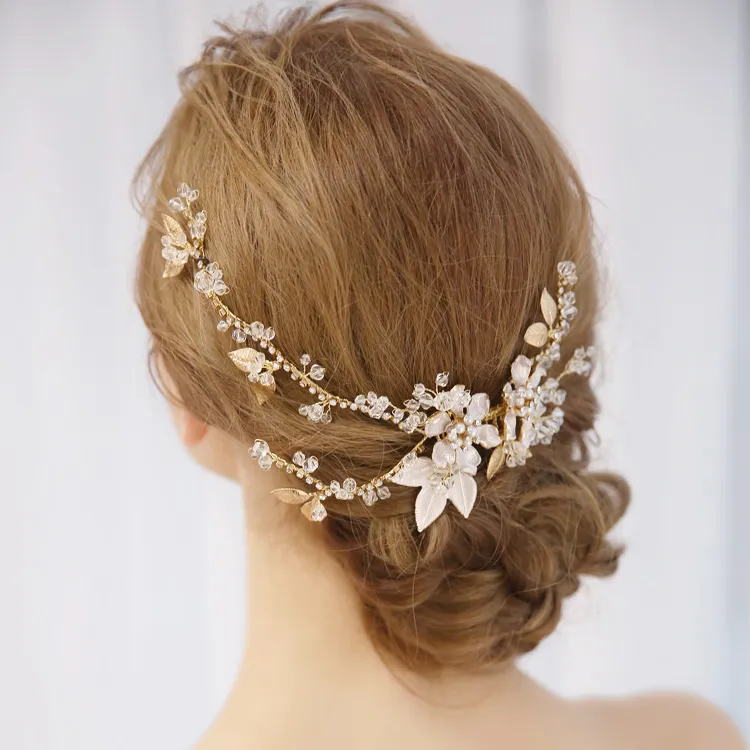 Boho Rhinestone Bridal Hair Vine With Flower Leaf Design Handmade