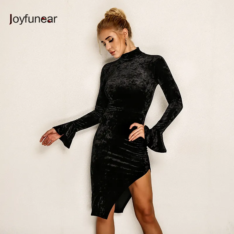 knee length dresses for ladies Black Kim Kardashian (Kim K) Velvet Off The Shoulder Dress Long Sleeve –  Hoprom main image 0