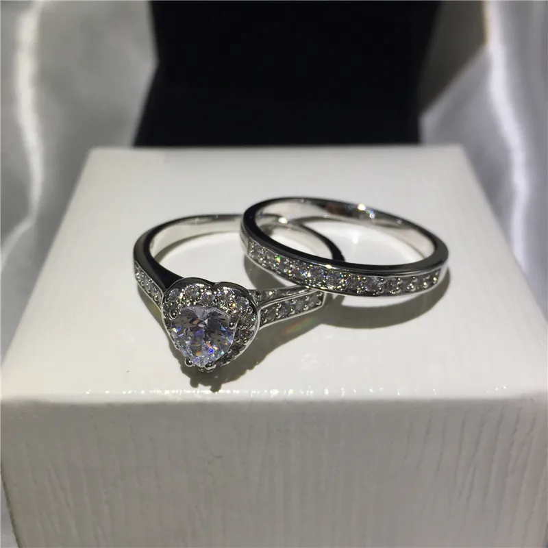 Vecalon Herz Schmuck Ehering Ring Set für Frauen 1ct 5A Zirkon Cz 10KT Weißgold gefüllt weiblichen Verlobungsring