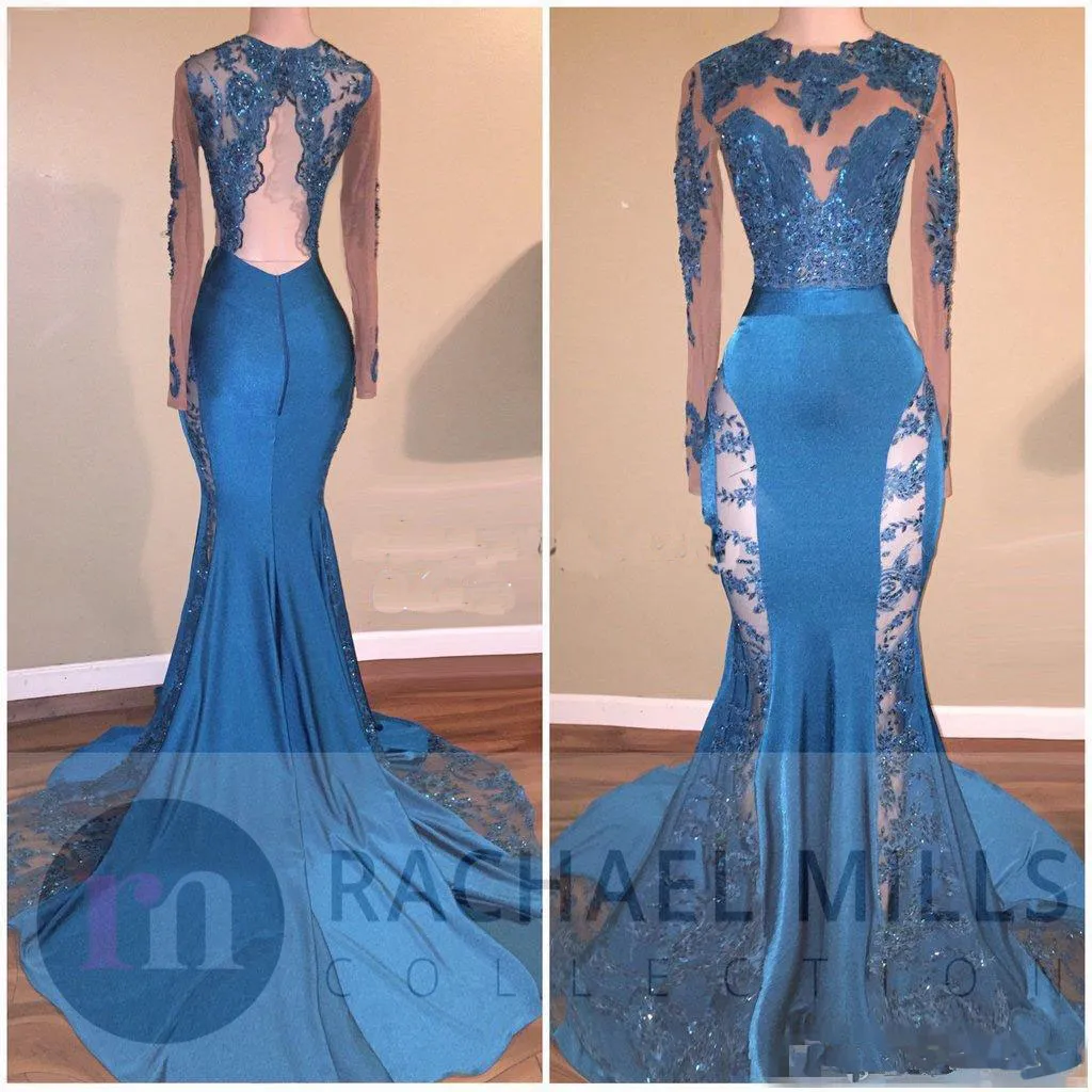 2018 Hunter Jade Lace Sheer Prom Dresses Collo a buco della serratura Maniche lunghe a sirena Vedere attraverso abiti da sera formali Abito da sera con paillettes senza schienale