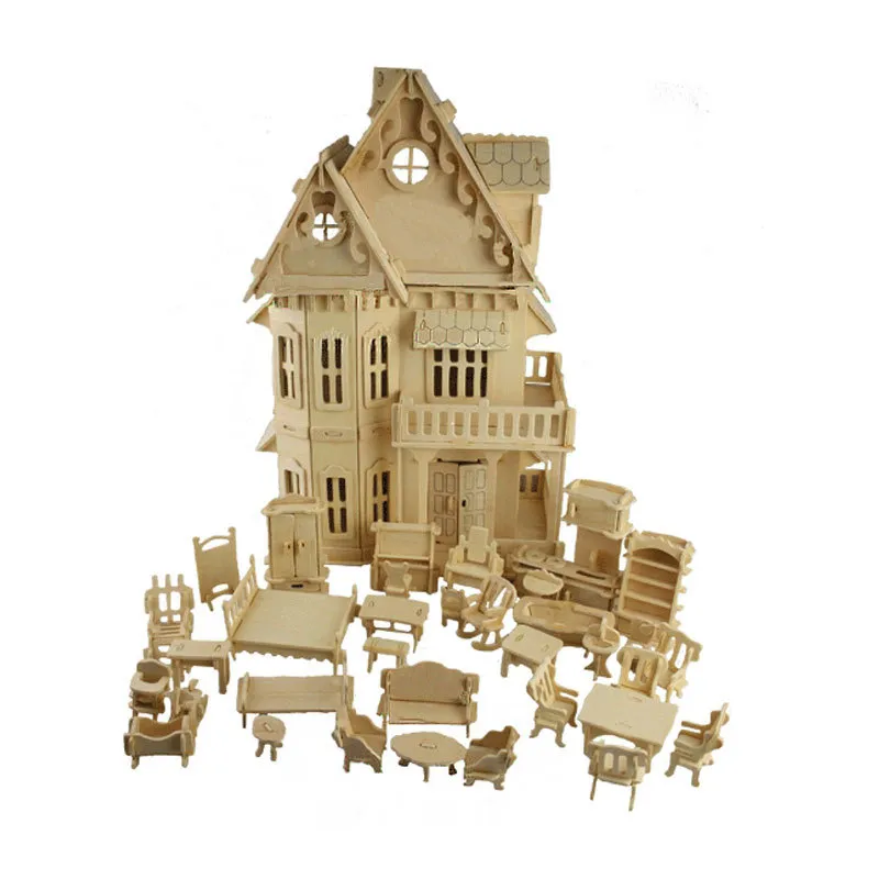 Giocattolo Puzzle 3D Fai da te Cubo di gioco Casa delle bambole gotiche Modelli in scala di legno 1 set = 1 * Casa + 34 * pezzi Mobili 30 * 18 * 45 cm