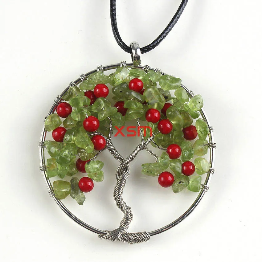 Silverpläterad Naturlig Multi Style Grus Wire Winding Inlay Owl Tree of Life Pendant Statement Halsband Smycken