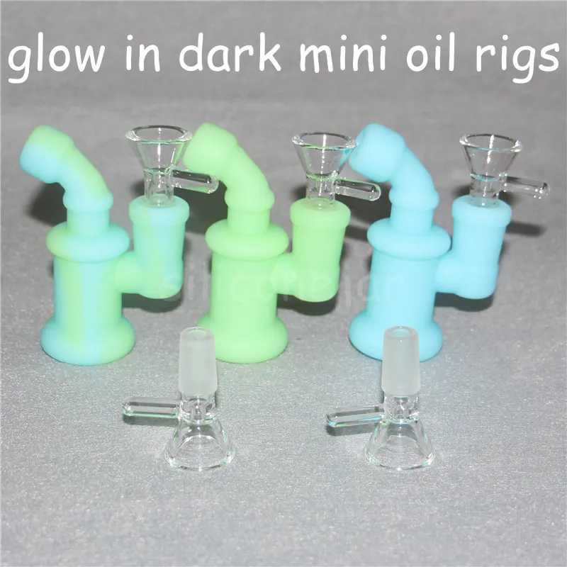 Glow Silikon Mini Dab Rig Shisha Tragbare Recycler Bong Glas Bohrinseln Bubbler 14,4 mm gebogener Hals Nektar Unzerbrechliche Wasserpfeifen