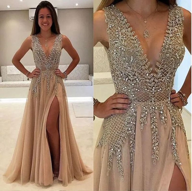 Lange Luxus-Rhinestone-Abschlussballkleider 2019 Neue sexy tiefe V-Ausschnitt Seite Split Abend Party tragen Kleid Champagner Organza A-Linie Vestidos de Fiesta