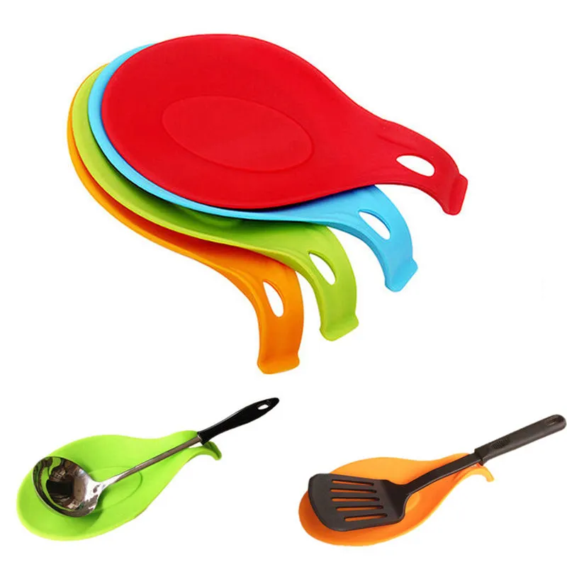 Silicone Heat Resistant Spoon Fork Mat Rest Utensil Spatula Holder Kitchen Tool Random Color Free shipping