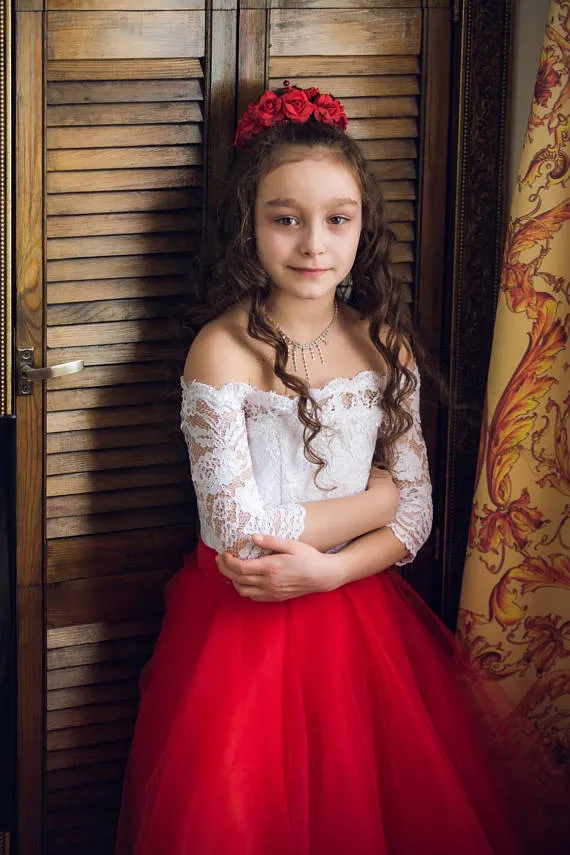 Red White Princess Flower Girls Dresses Bateau Neck Half Sleeves Lace Tulle Floor Length Children Wedding Holiday Party Dresses From 76 57 DHgate