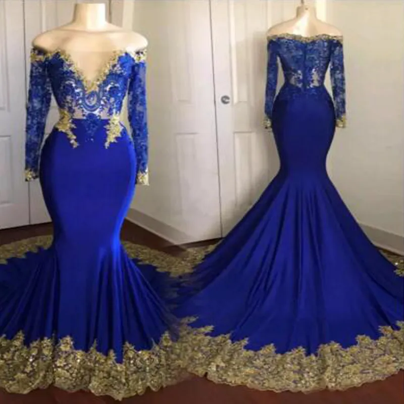 Sexy Cheap Royal Blue Prom Dress Plus Size Dresses Gold Appliques Vestidos de Fiesta Long Sleeve Prom Dresses