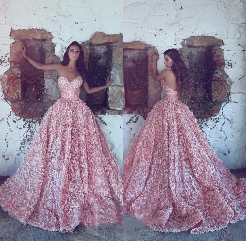 2018 Pink Sweetheart Sleeveless Evening Dresses A-Line 3D Applique Prom Gowns Back Zipper Sweep Train Custom Made Formal Party Luxury