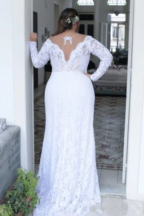 Arabic 2018 Sheer Jewel Neck Plus Size Full Lace Appliques A Line Wedding Dresses Empire Backless Long Sleeves Bridal Gowns Cheap Veatidos