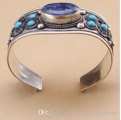Bracelet manchette turquoise et topaze bleue : jonc bohème