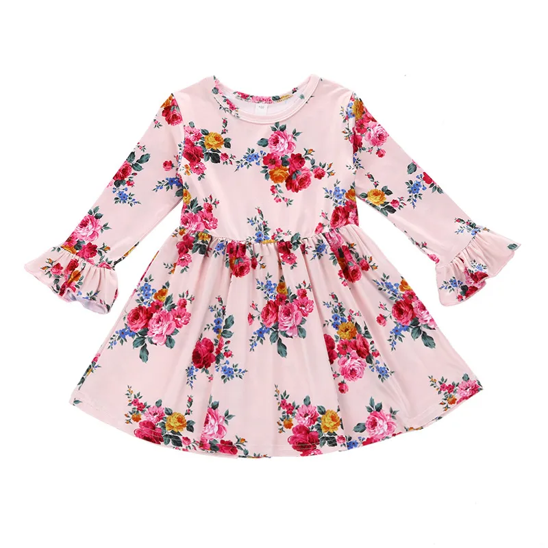 2018 lente zomer nieuwe baby meisjes jurk roze lange mouw prinses bloem bedrukte jurk katoen peuter jurken meisjes kleding kinderkleding