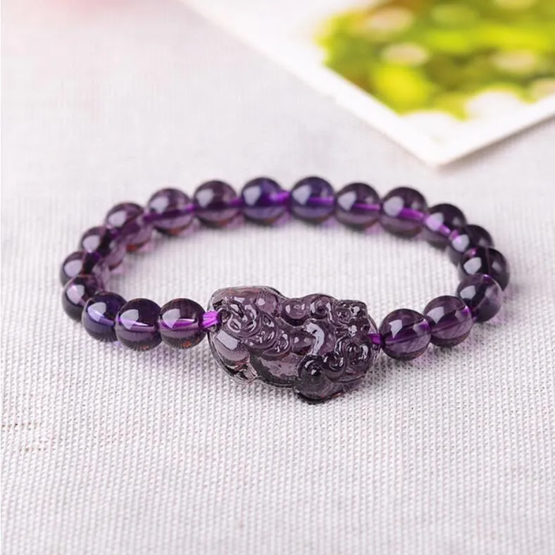 Crystal Black Recruit Pixiu Armband en Single Hand String Sieraden Wealth Troops Obsidian White Quartz Pink Purple