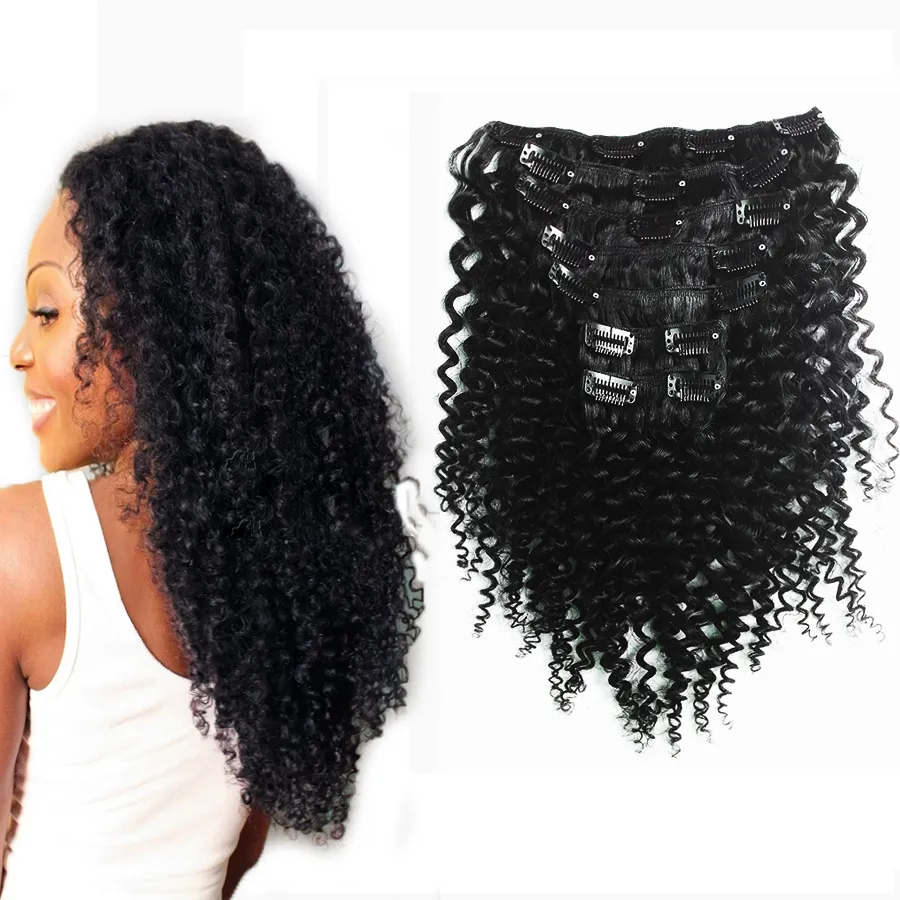 Remy Peruvian Hair Afro Kinky Kręcone Klip w Ludzkich Przedłużanie Włosów dla Czarnych Kobiet 7 Sztuk / Zestaw 100 G Nautral Color 10 Dostępne