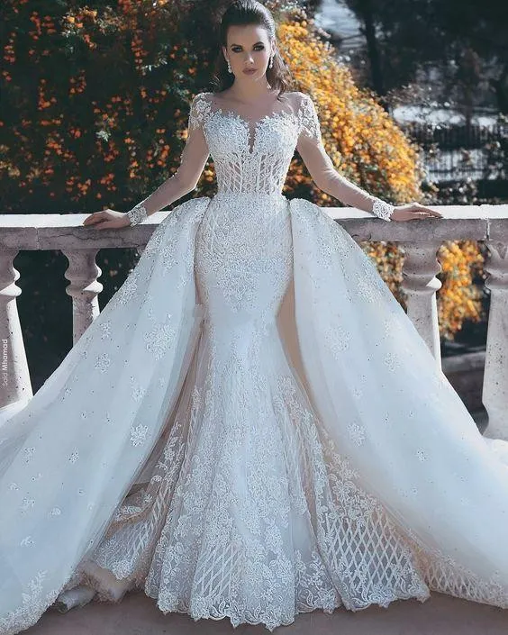 2020 Lace Wedding Dresses Detachable Train Sheer Neck Long Sleeves Beaded Bridal Gowns Overskirt Dubai Arabic Mermaid Wedding Dress