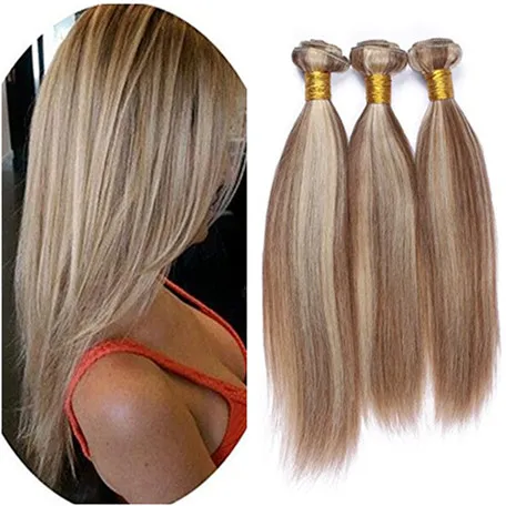 Color de piano Paquetes de armadura de cabello humano virgen brasileño 3 piezas Recto # 8/613 Color de piano mixto 100% Extensiones de tramas de cabello humano 10-30 "