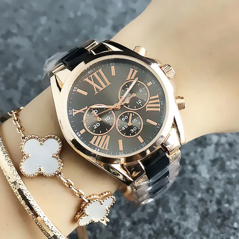 Brand Watch Women Girl Roman Numerals 3 Dials Style Metal Steel Band Quartz With Logo Wrist Watches M 49