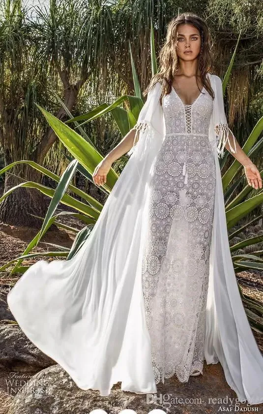 Asaf Dadush Abiti da sposa a sirena con giacca avvolgente Abiti da sposa vintage in pizzo all'uncinetto con spalline senza schienale Boho Tromba Abiti da sposa