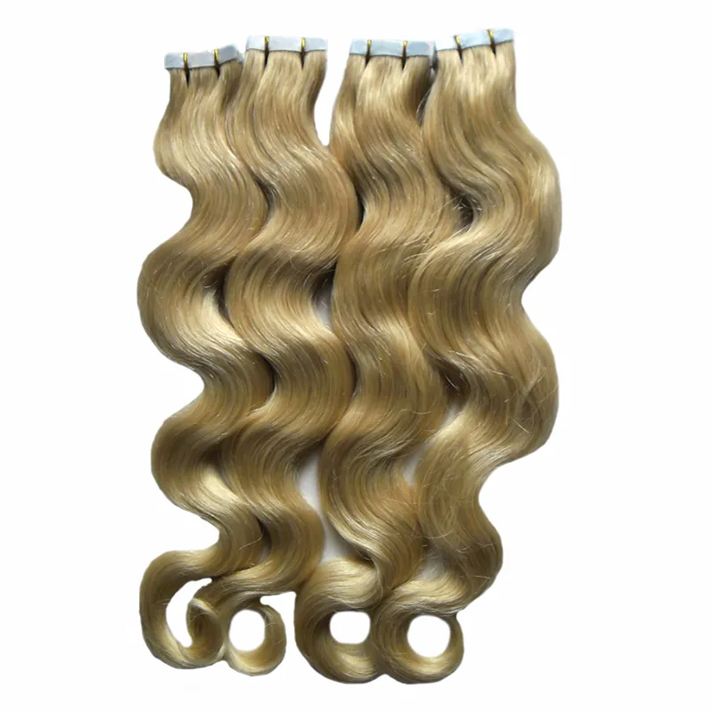 Blond tejp i mänskliga hårförlängningar kroppsvåg maskin remy hår på lim osynlig tejp pu hud väft remy hårförlängningar 200g 80pcs