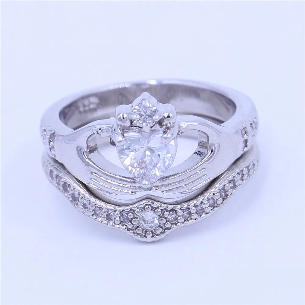 Couple claddagh bague Diamonique bijoux bagues de mariage ensemble pour femmes coeur 5A Cz or blanc rempli femme bague de fête