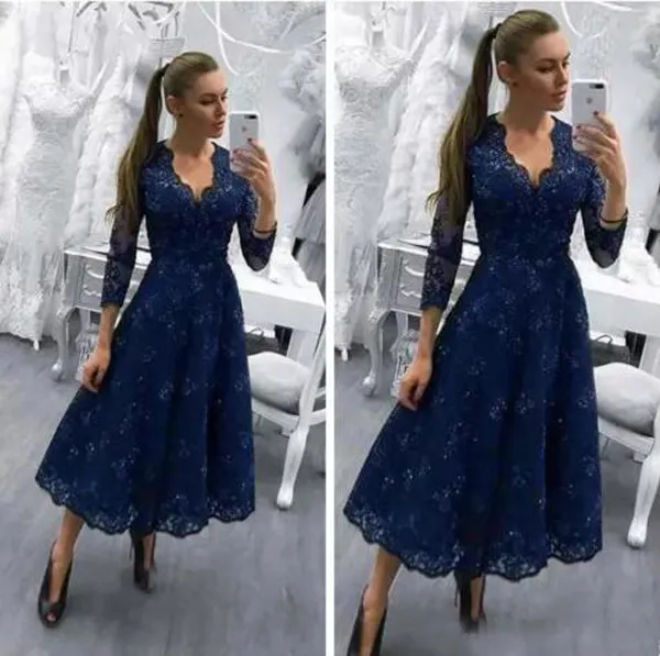 Mother Of The Bride Dresses V Neck Navy Blue Long Sleeves Lace Appliques Beaded Wedding Guest Dress Tea Length Evening Gowns