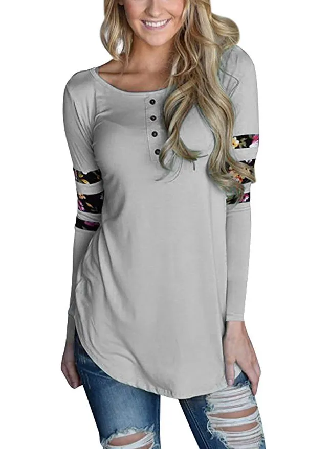 6 Stili Primavera Autunno 2018 T-shirt manica lunga slim da donna O collo Stampa floreale femminile Patchwork Top T-shirt Taglia S-2XL