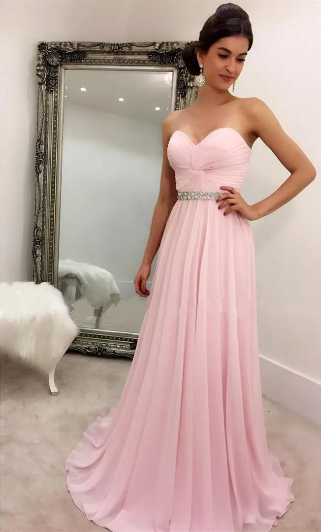 Pink A Line Ruffle Beading Sash Evening Dresses Long Formal Party Gowns Special Occasion Prom Bridesmaid Party Dress
