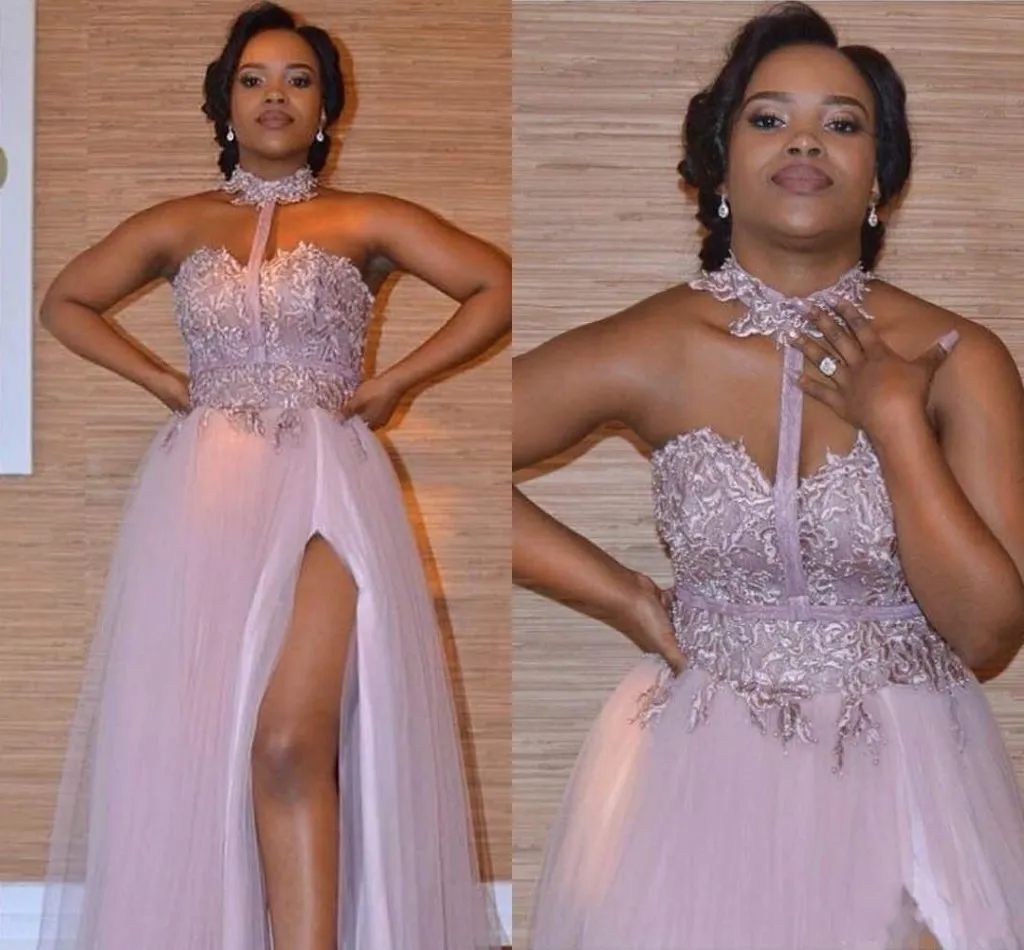 2018 nieuwe stoffige roze bruidsmeisje jurken kant applique halter vloer lengte split tule voor bruiloft meid van eer jurken prom avondjurk