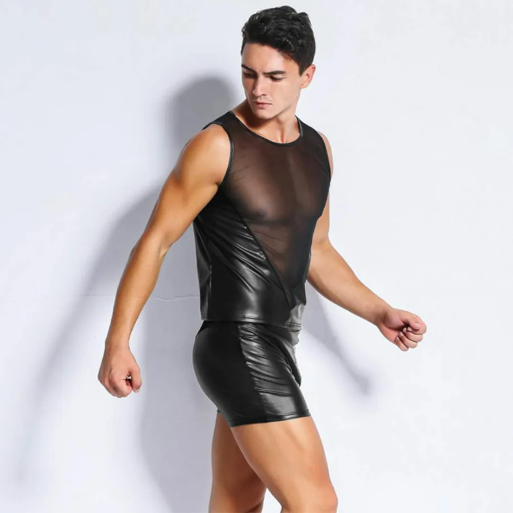 Sexig underkläder Europa Sexig PVC Rubber Latex Mens T Shirt Erotic Gay Vest Pants Set x6734314f