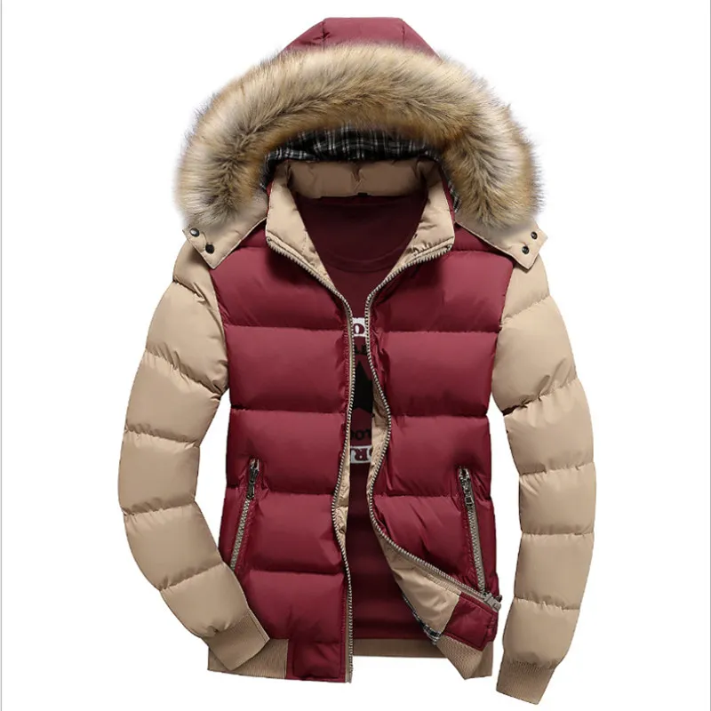 Atacado-M-3XL homens de inverno com capuz tinta jaqueta acolchoada com capuz com colarinho de pele zipper homens slim casacos parka outwear