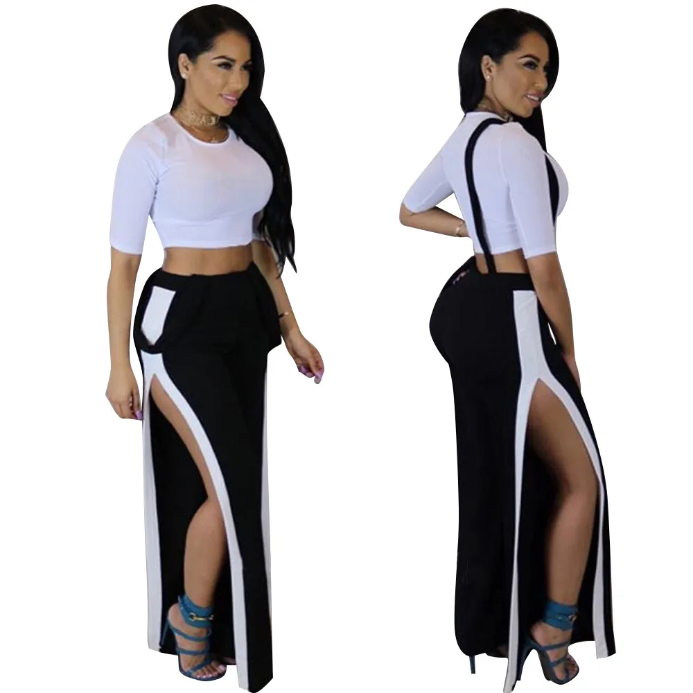 Sexy Night Club Tracksuit Short Crop Top With High Waist Spilt Pants 2pc Set Casual Women Wear For Summer