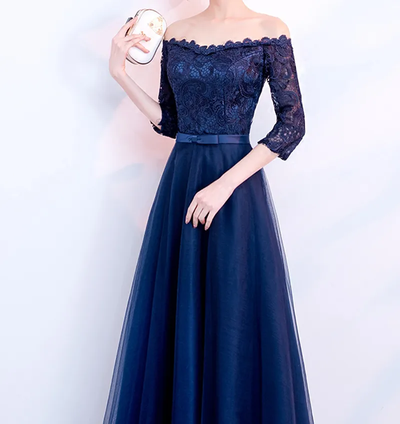 Elegant Navy Blue Aftonklänning Stroplösa Halv Ärmar Platser Tulle Lace Top Prom Klänningar Lace-up Zipper Back Plus Size Aftonklänningar