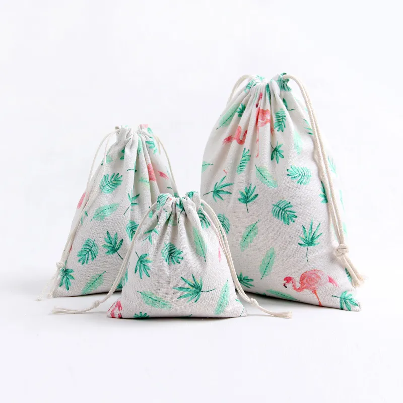 Sac de rangement à cordon en coton et lin imprimé d'animaux mignons, 9 couleurs, sac de rangement pour cadeaux, bonbons, cosmétiques, maquillage, sac cadeau de noël, 3 pièces/lot