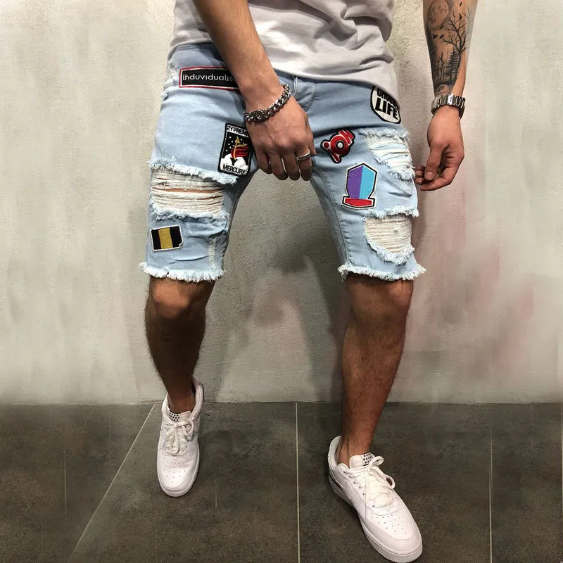 Jeans finos shorts homens marca rasgado verão capri moda masculina motociclista casual elasticidade angustiado buraco na altura do joelho azul denim 266b