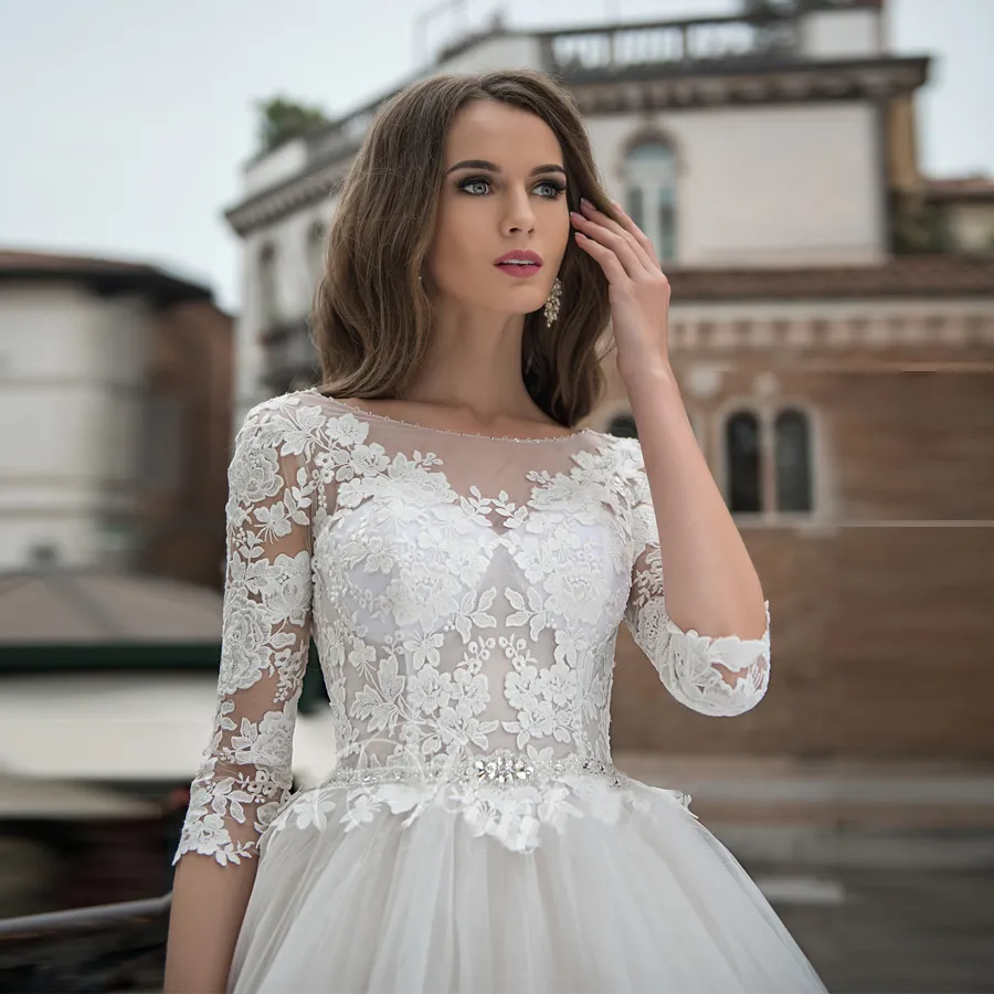 vestido de noiva 2019 manga longa vestido de noiva apliques vestidos de bola branco tule rendas bridaldress V-back frisado o-pescoço vestido casamento