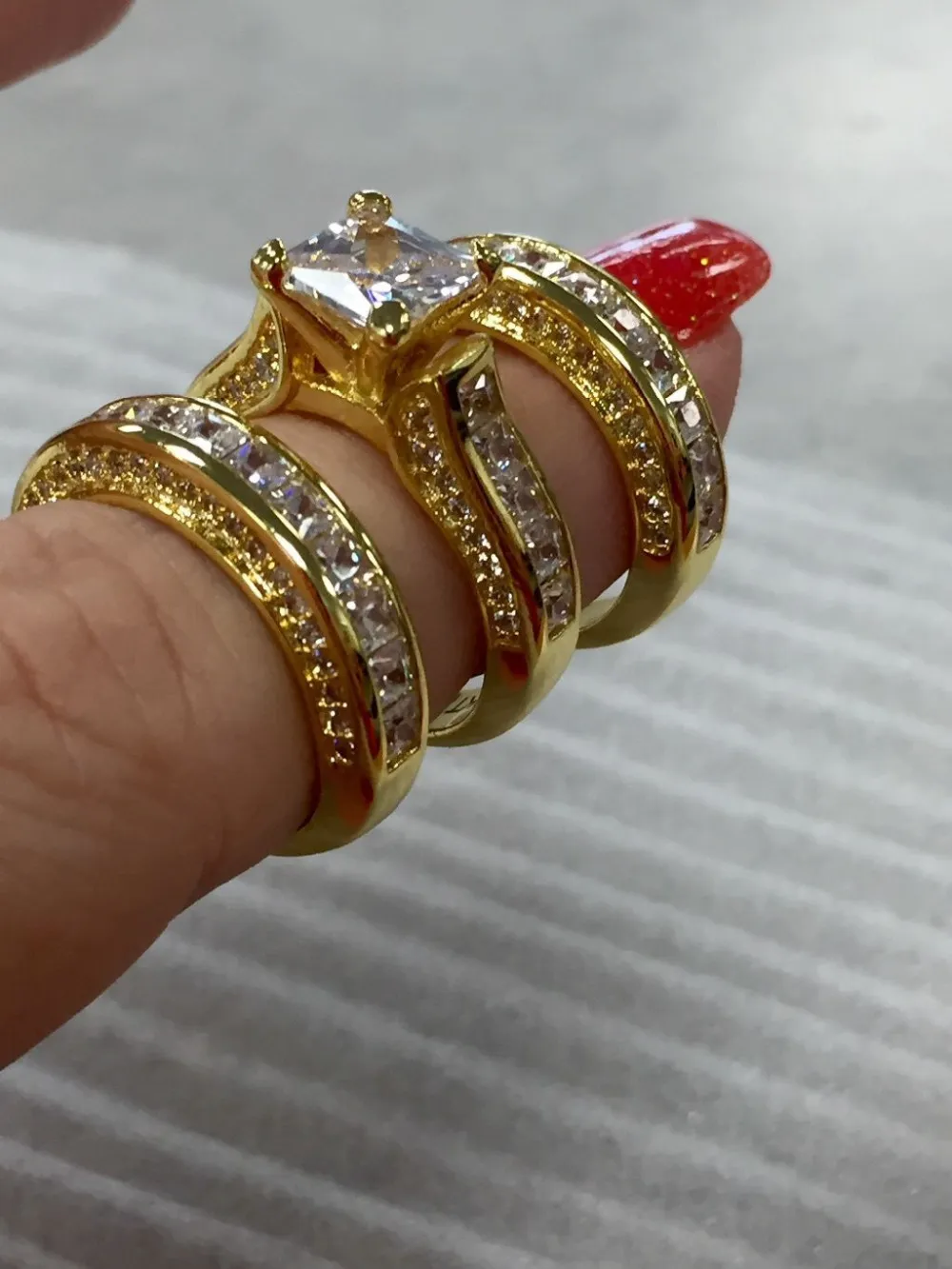 Fashion Jewelry Princess cut 20ct 5A zircon cz wedding band ring Set for women Yellow Gold Filled Engagement Ring308U