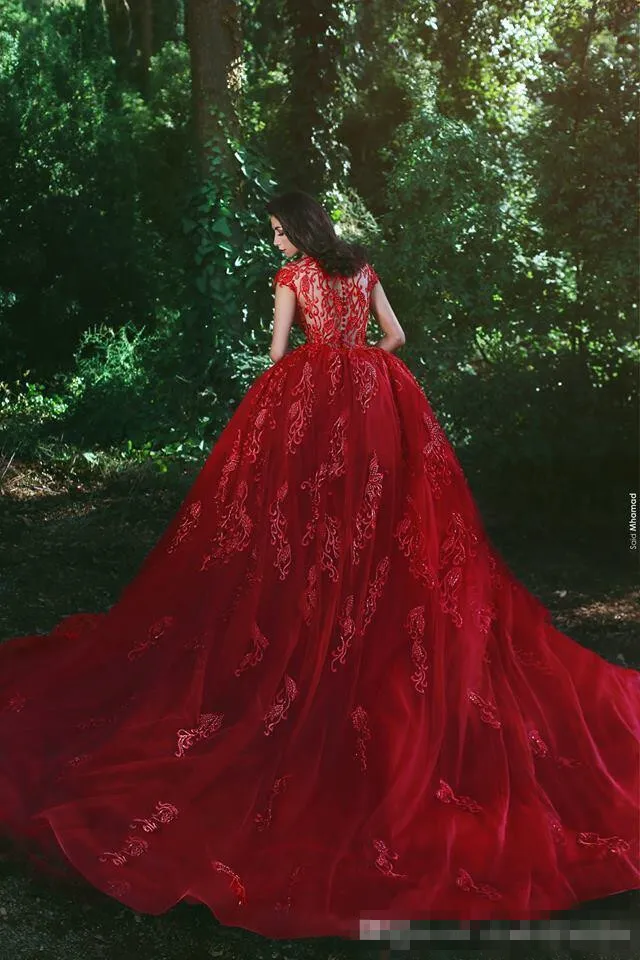 2019 robes de soirée rouge féerique col en V manches courtes jupes train pure appliques voir à travers les robes de bal sirène