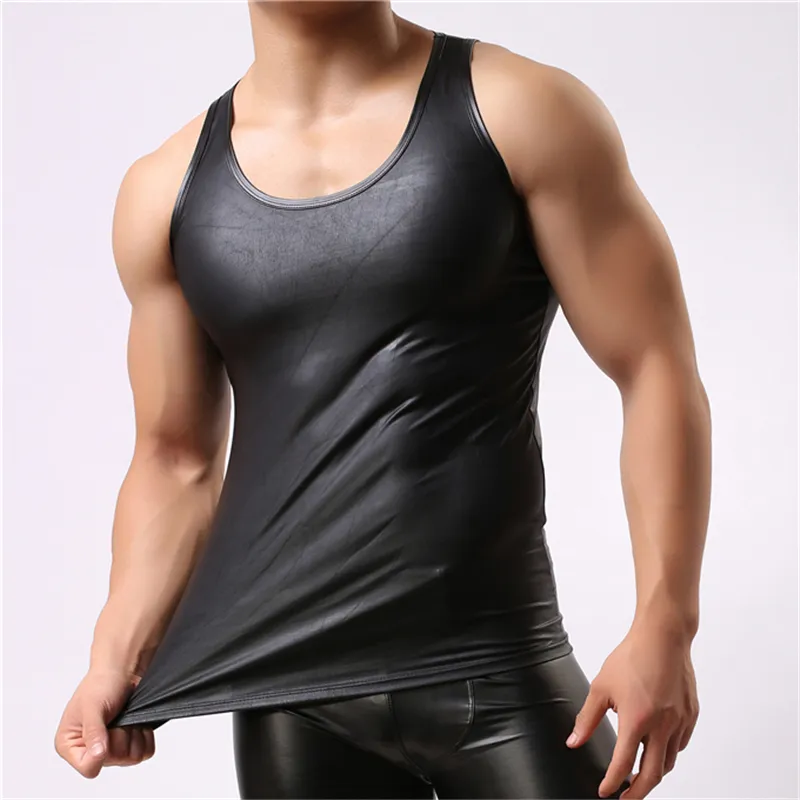 Män Sexiga Underkläder Undershirt Faux Läder Ärmlös Män Svart T-shirt Tank Toppar Stage Dancewear Fitting Men's Undershirts