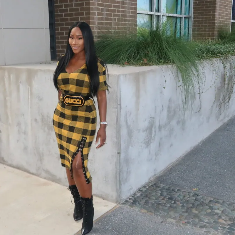 Women Short Sleeve Plaid Dresses Lady Vintage Tartan Yellow Dress Female V Neck Robe Vintage Dress Rivet Split Work Wear Ladies Pencil Dress From 8 67 DHgate