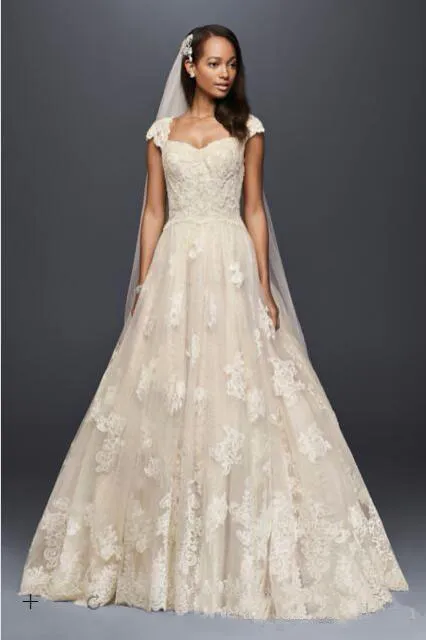 oleg cassini lace applique cap sleeve satin wedding dress Oleg Cassini Vintage Cap Sleeve Wedding Gown Modest... From Veralove999,  $135.71