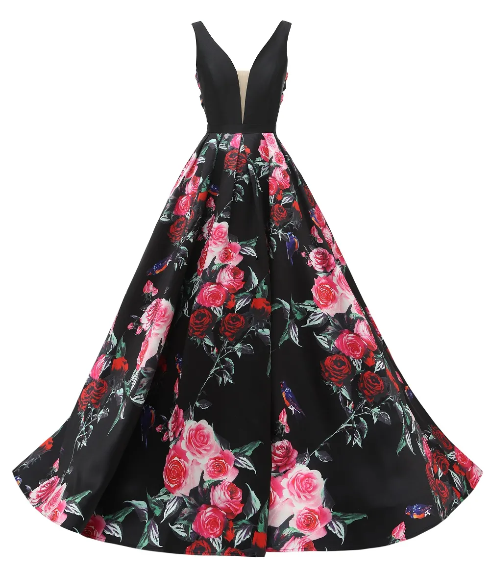 Women Formal Celebrity Evening Dresses Floral Print Graduation Party Gowns Low Back Deep V-neck 3D Flower Backless Ball Gown Prom Dress
