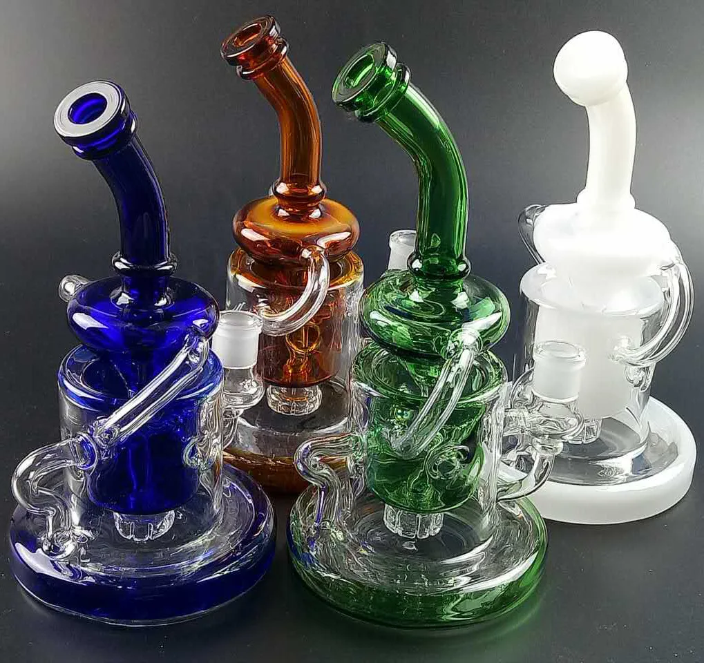 Färgglada Tornado Recycler Glass Bongs Showerhead Perc Dab Rigs Klein Recycler Bong Heavy Base Waterpipes Kvinna Joint 14mm med skål WP308