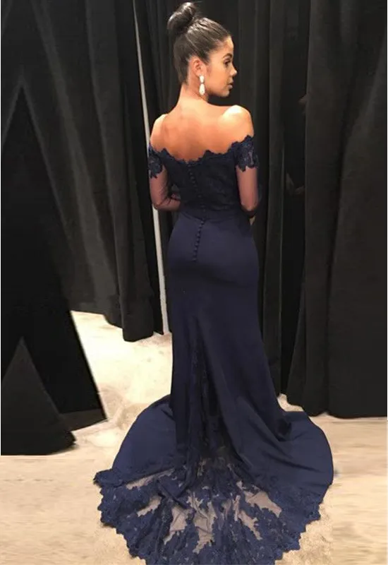 Modest Long Sleeve Prom Dress Lace Cheap 2021 Off the shoulder Illusion Designer Mermaid Sweep Train New Evening Formal Party Dress Gowns