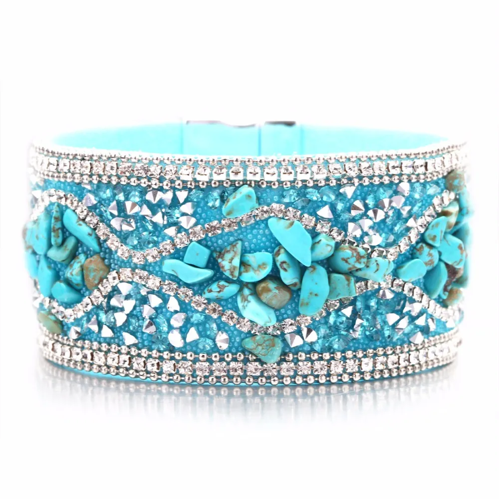 Natural Irregular Gravel Stone Crystal Magnetic Wrapped Wristband Bracelet Wide Leather Cuff Bangles for Women Jewelry